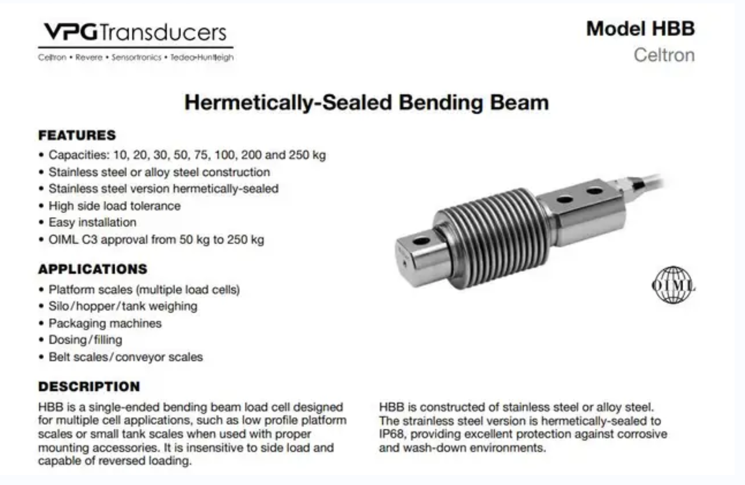 美国世铨HBB波纹管梁式称重传感器